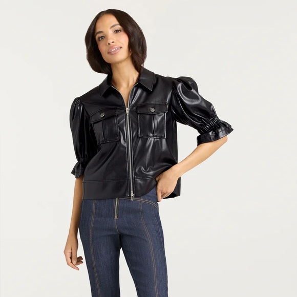 new Cinq A Sept Holly ruffle faux leather jacket in black